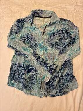 Michael Farrell Blue Floral Sheer Button Down Shirt with Velvet Trim Size L